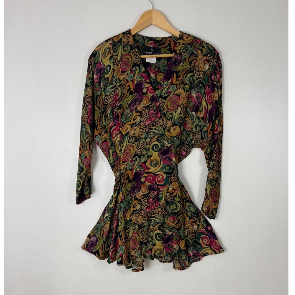 Vintage 90s Carole Little Womens 10 Wrap Blouse Multi Psychedelic Swirl Rayon